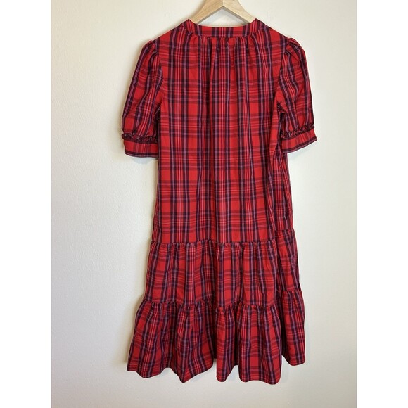 Draper James XS Shirt Dress Mini Plaid Red Puff Sleeve Shift Tiered Drop Waist - Picture 3 of 4